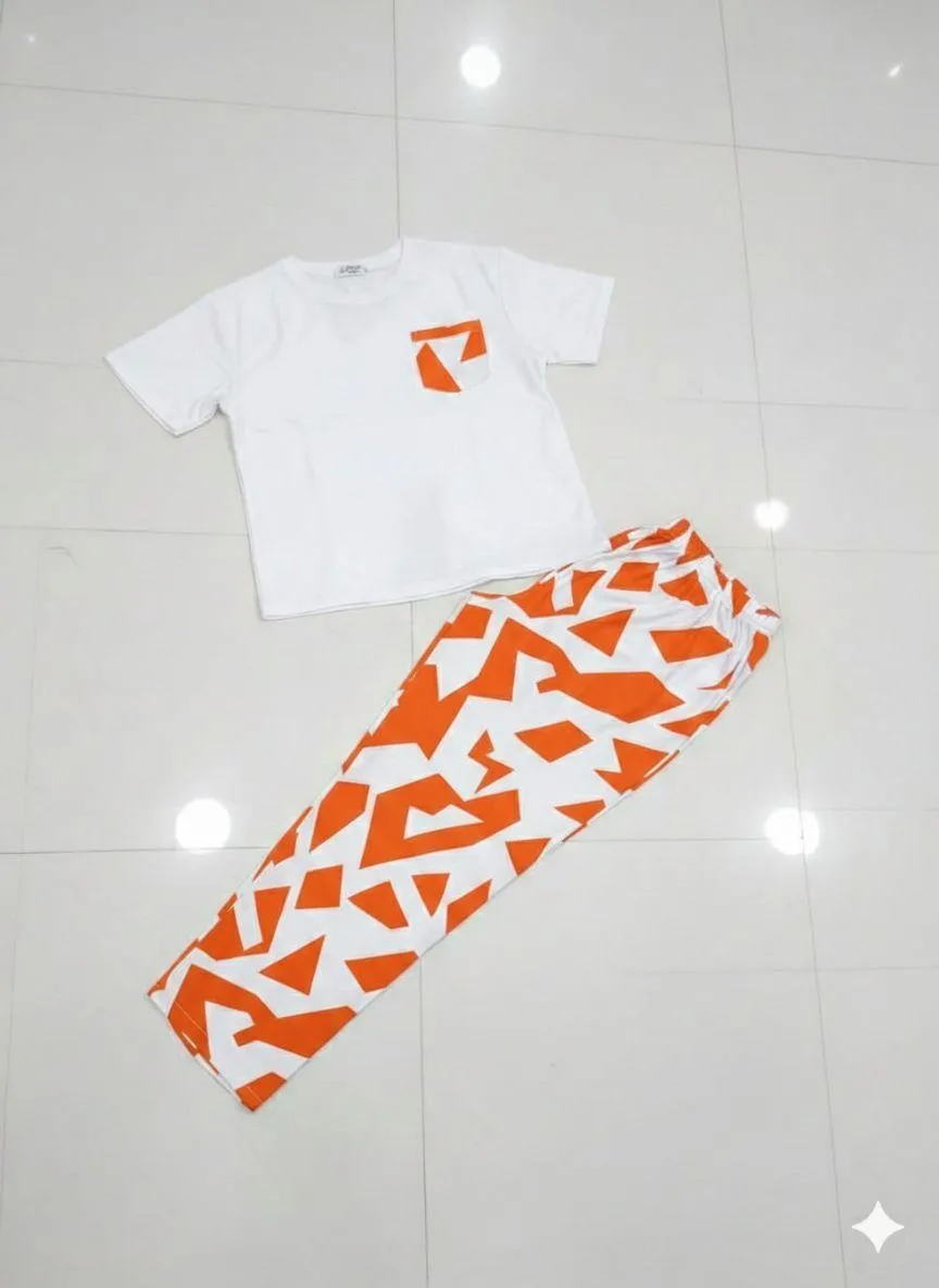 Women Orange Geometric Sleepwear Set Medium to XL - Image 2