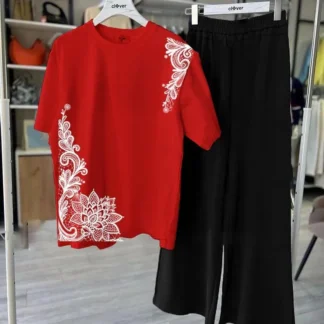 Red Embroidered Night Suit Set for Women