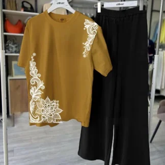 DreamyDots Night Suit Brown Embroidered Black Pants