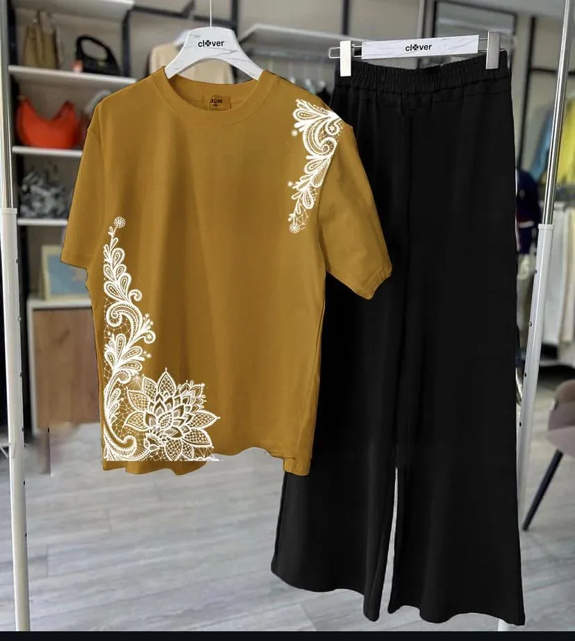DreamyDots Night Suit Brown Embroidered Black Pants