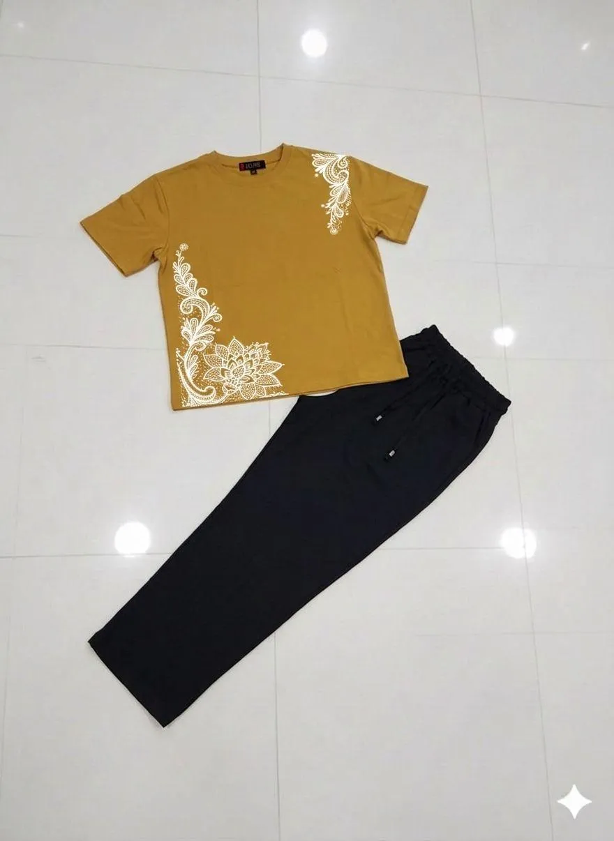 DreamyDots Night Suit Brown Embroidered Black Pants - Image 3