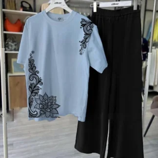 Light Blue Floral Embroidered Night Suit for Women