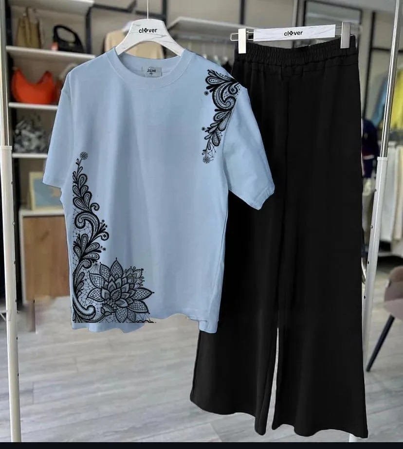 Light Blue Floral Embroidered Night Suit for Women