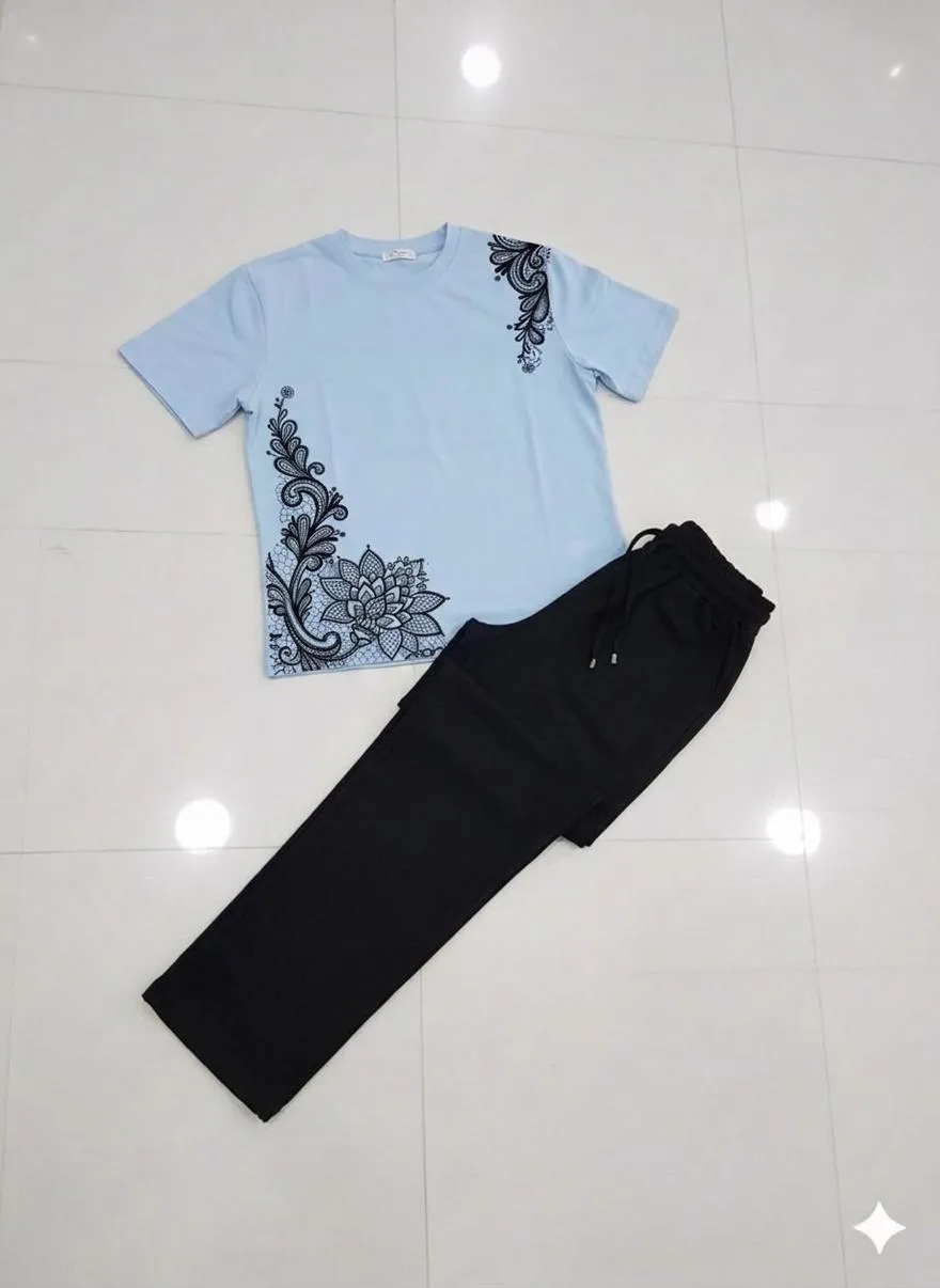 Light Blue Floral Embroidered Night Suit for Women - Image 3