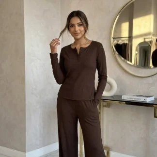Brown Long Sleeve Night Suit with Side Slit Pants