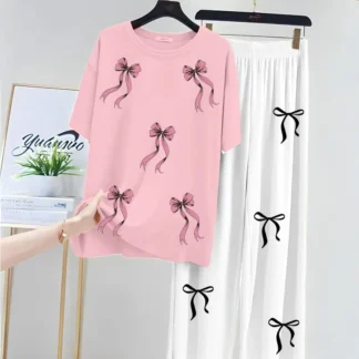 Bow Printed Night Suit for Girls Women Pink White