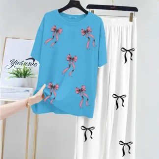 Bow Printed Night Suit for Girls White Blue