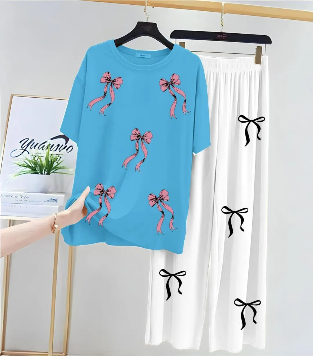 Bow Printed Night Suit for Girls White Blue