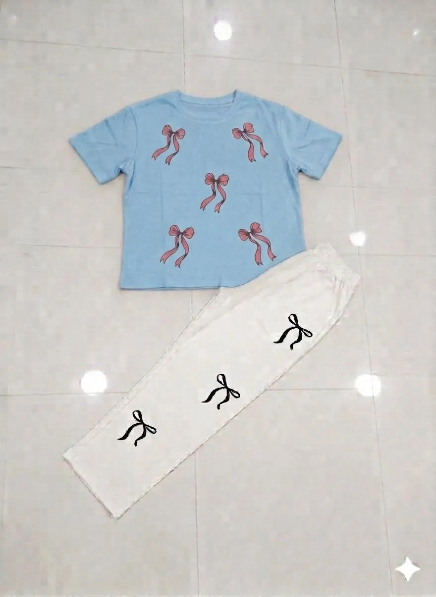 Bow Printed Night Suit for Girls White Blue - Image 2