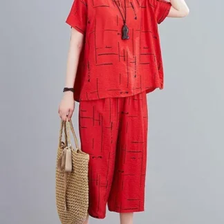 Red Printed Night Suit Set for Women