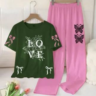 Green Love Print Night Suit for Women Pink Butterfly Pants