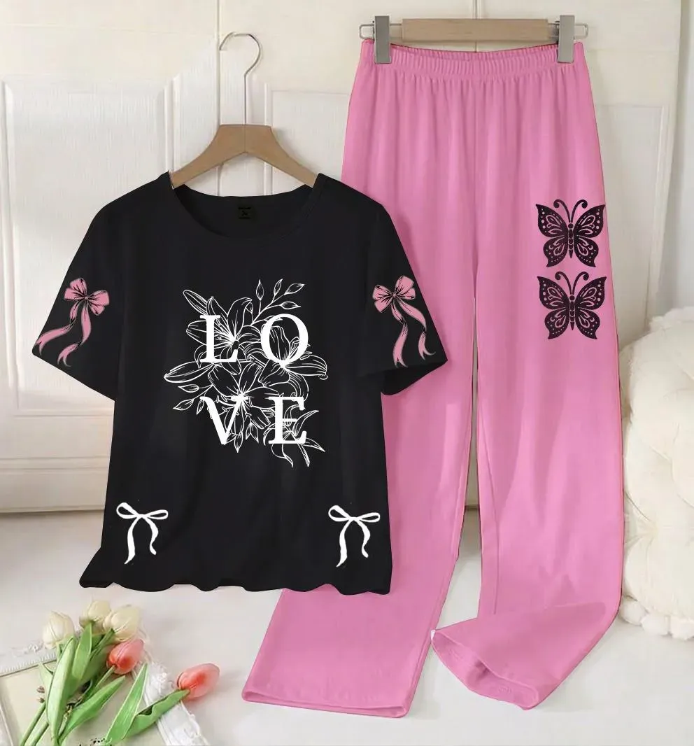 Black Love Butterfly Night Suit for Women