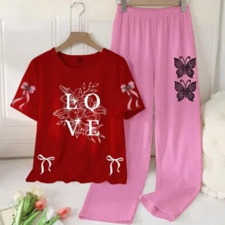 Red Love Butterfly Night Suit for Women