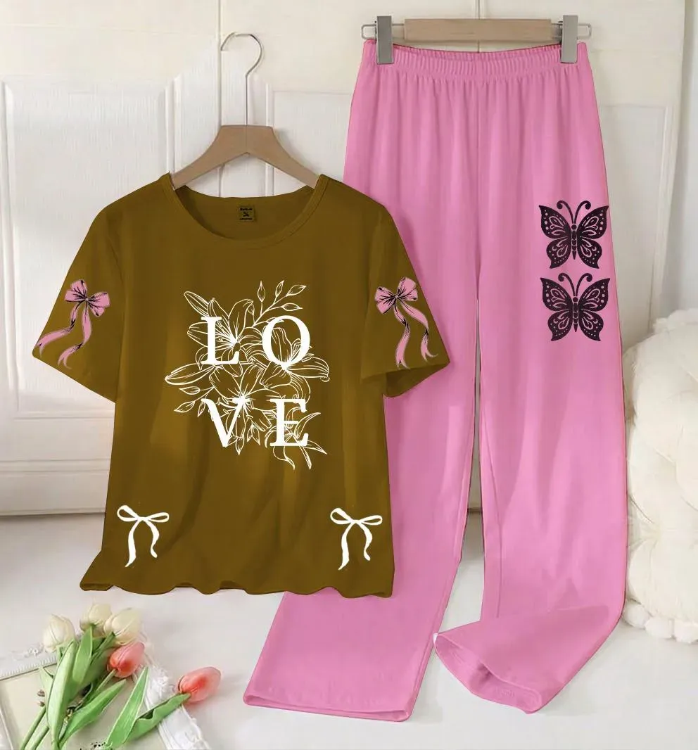 Women Love Butterfly Night Suit Pink Brown Set