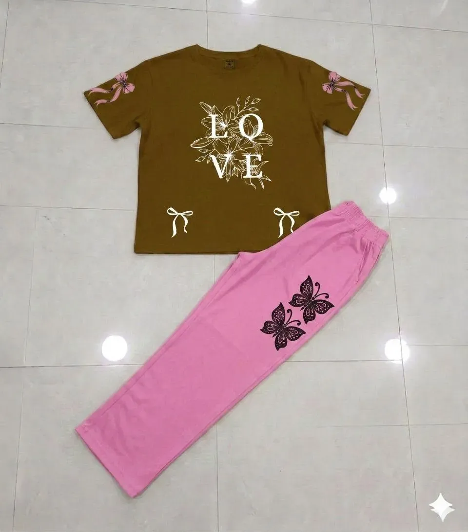Women Love Butterfly Night Suit Pink Brown Set - Image 3