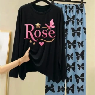 Rose Butterfly Print Night Suit Women Black Jersey Trouser Set
