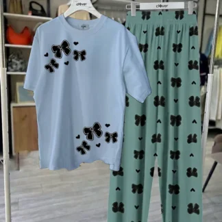 Women Night Suit Set Light Blue Butterfly Print Jersey 2Pcs