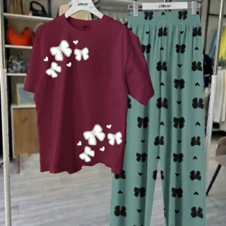Maroon Butterfly Night Suit Women Jersey 2Pcs Medium to XL