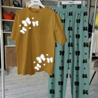 Women Butterfly Print Night Suit Brown Green