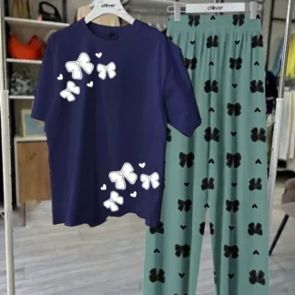 Blue Butterfly Print Night Suit Set for Women Medium to XL