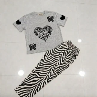 Women Grey Butterfly Heart T-Shirt with Zebra Pants Set Medium to XL