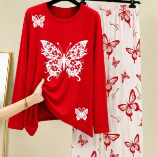 Red Butterfly Printed Night Suit for Women
