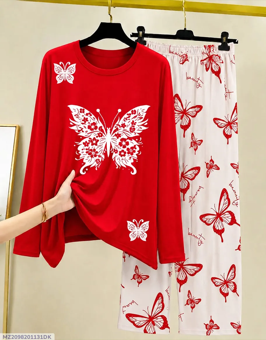 Red Butterfly Printed Night Suit for Women