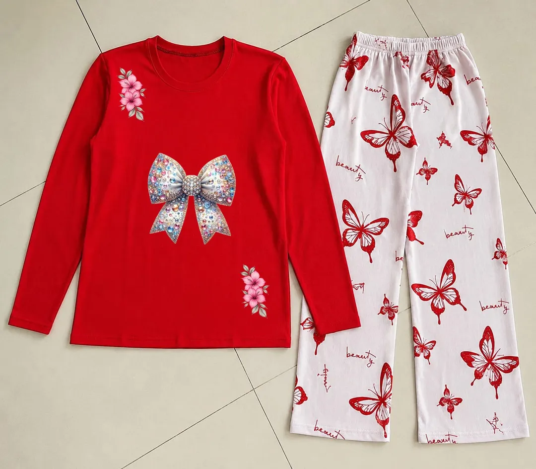 Red Butterfly Printed Night Suit for Women - Image 2