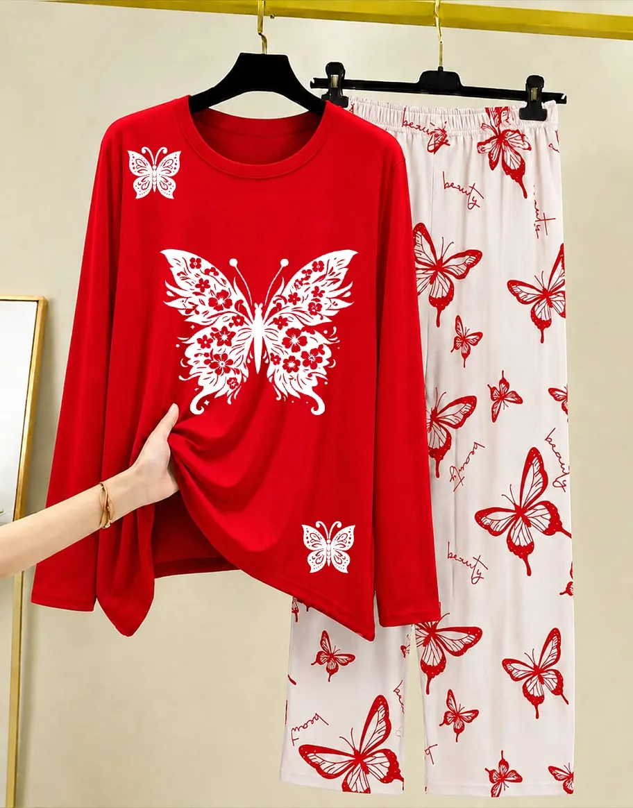 Red Butterfly Printed Night Suit for Women - Image 3