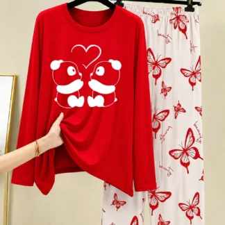 Red Butterfly Print Night Suit for Women 28"
