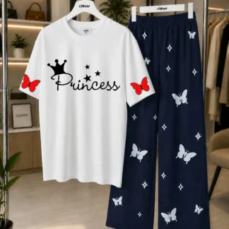 Women Printed Night Suit White Butterfly Princess Design Medium to XL