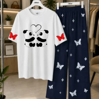 Women Printed Jersey Night Suit White Blue Medium to XL