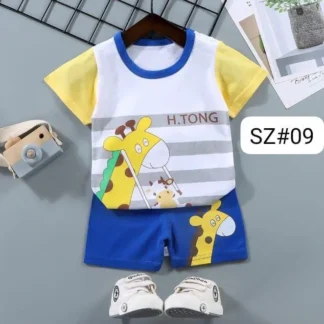 Kids Giraffe Print Night Suit Set Yellow Blue Shorts