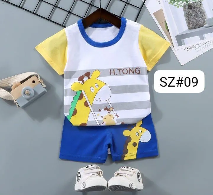 Kids Giraffe Print Night Suit Set Yellow Blue Shorts - Image 3