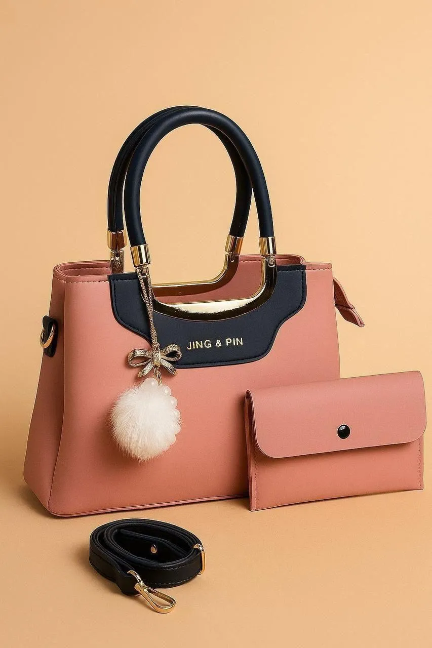 Pink & Navy Handbag Set with Wallet & Strap - Image 2