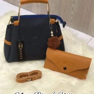 Navy Blue Leather Handbag Set with Wallet for Women