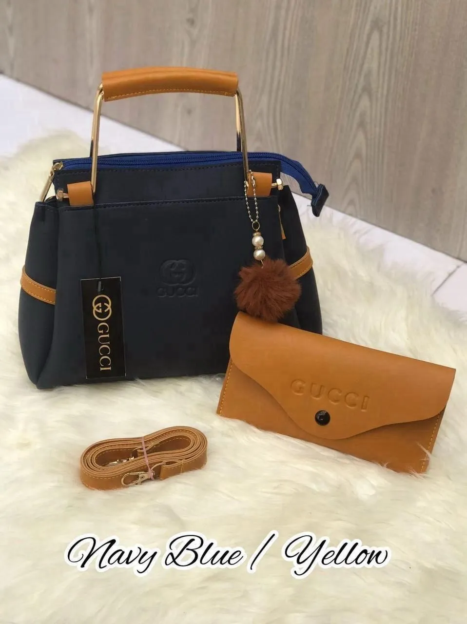 Navy Blue Leather Handbag Set with Wallet for Women - Image 2
