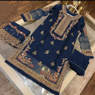 Blue Organza 3-Piece Women Suit with Embroidery for Eid & Festive Wear