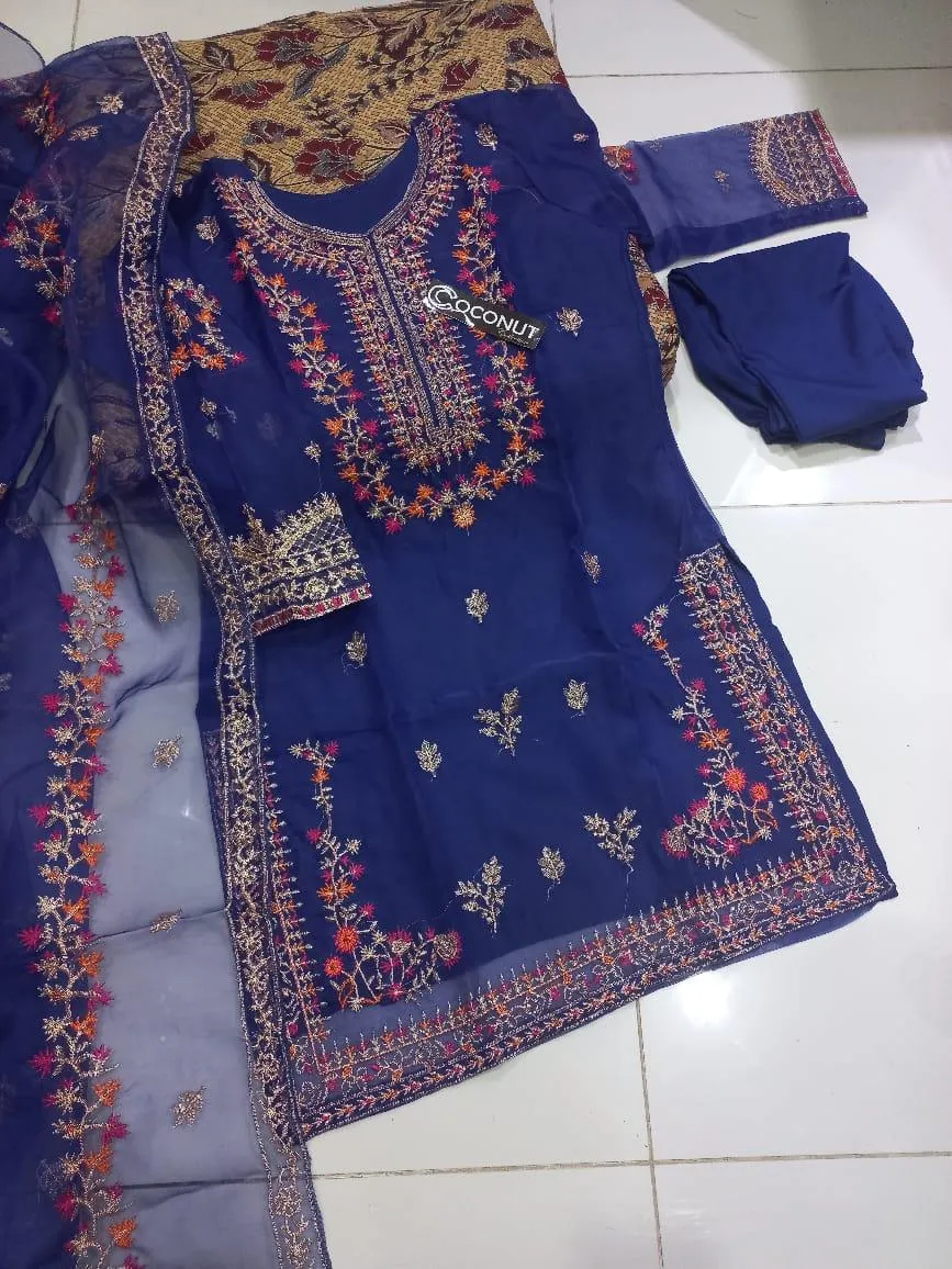 Blue Organza 3-Piece Women Suit with Embroidery for Eid & Festive Wear - Image 2