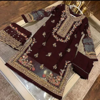 Maroon Organza 3Pc Embroidered Suit for Women