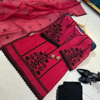 Pink Embroidered 3-Piece Suit for Women with Lace Trouser & Dupatta