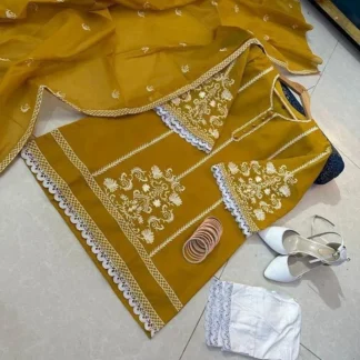 Yellow Embroidered 3-Piece Women Suit with Lace Dupatta