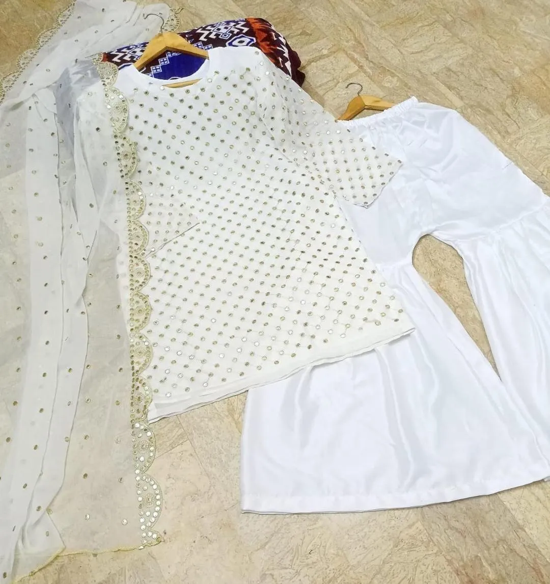 White Chiffon 3-Piece Suit with Sequins & Dupatta - Image 4