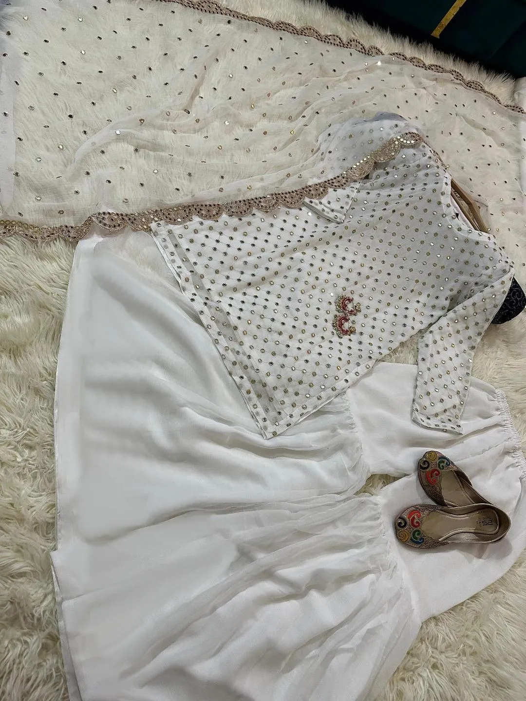 White Chiffon 3-Piece Suit with Sequins & Dupatta - Image 2