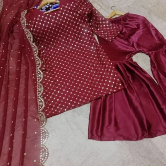 Maroon 3-Piece Embroidered Suit with Sequins & Chiffon Dupatta