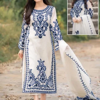 Women's Blue Embroidered 3-Piece Suit Organza Malai