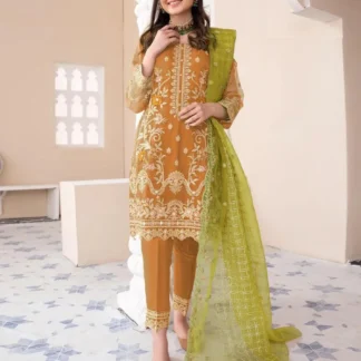 Women Organza 3Pc Suit Yellow Embroidered Eid Party Wear