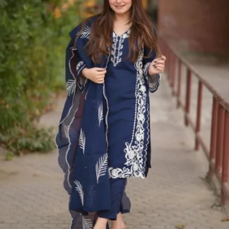 Blue Organza 3-Piece Suit with White Embroidery for Women