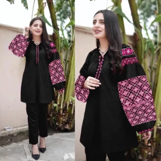 Black Linen 2-Piece Suit with Pink Floral Embroidery