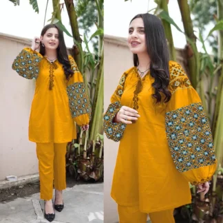Yellow Embroidered Linen 2-Piece Suit for Women